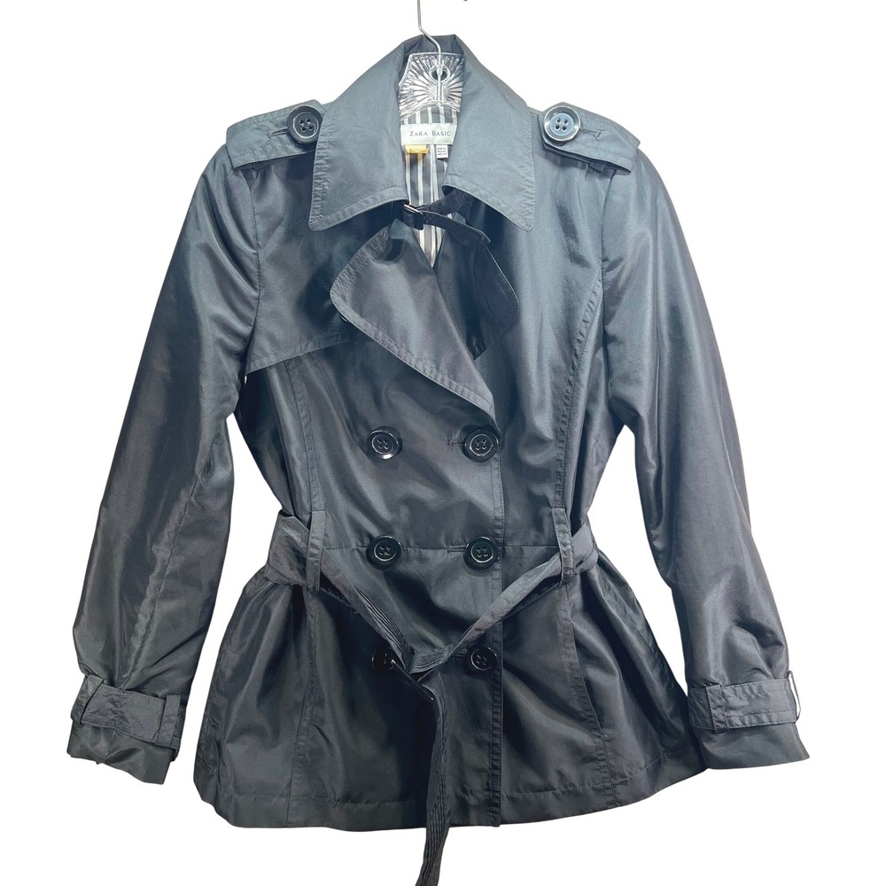 Zara Basic Womens Black Double Breasted Belted Trench Coat Jacket Size M RN77302